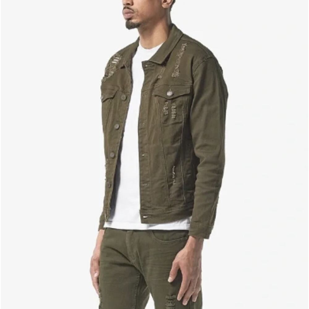 Copper Rivet Men's Button Up Distressed Denim Jacket in Olive Green Size Medium